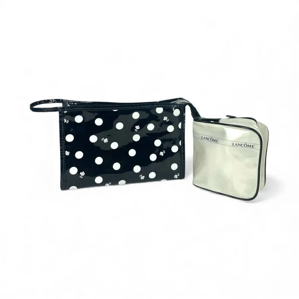 Lancôme Polka Dot & Pearl White Vinyl Cosmetic Bag Set Makeup Travel Duo
